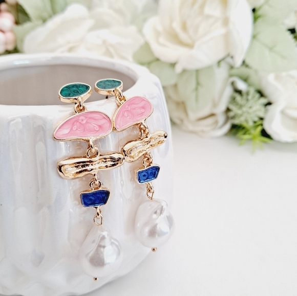 Gold Faux pearl earrings statement pink blue boho drop dainty party 💖2/$30 - Picture 10 of 10
